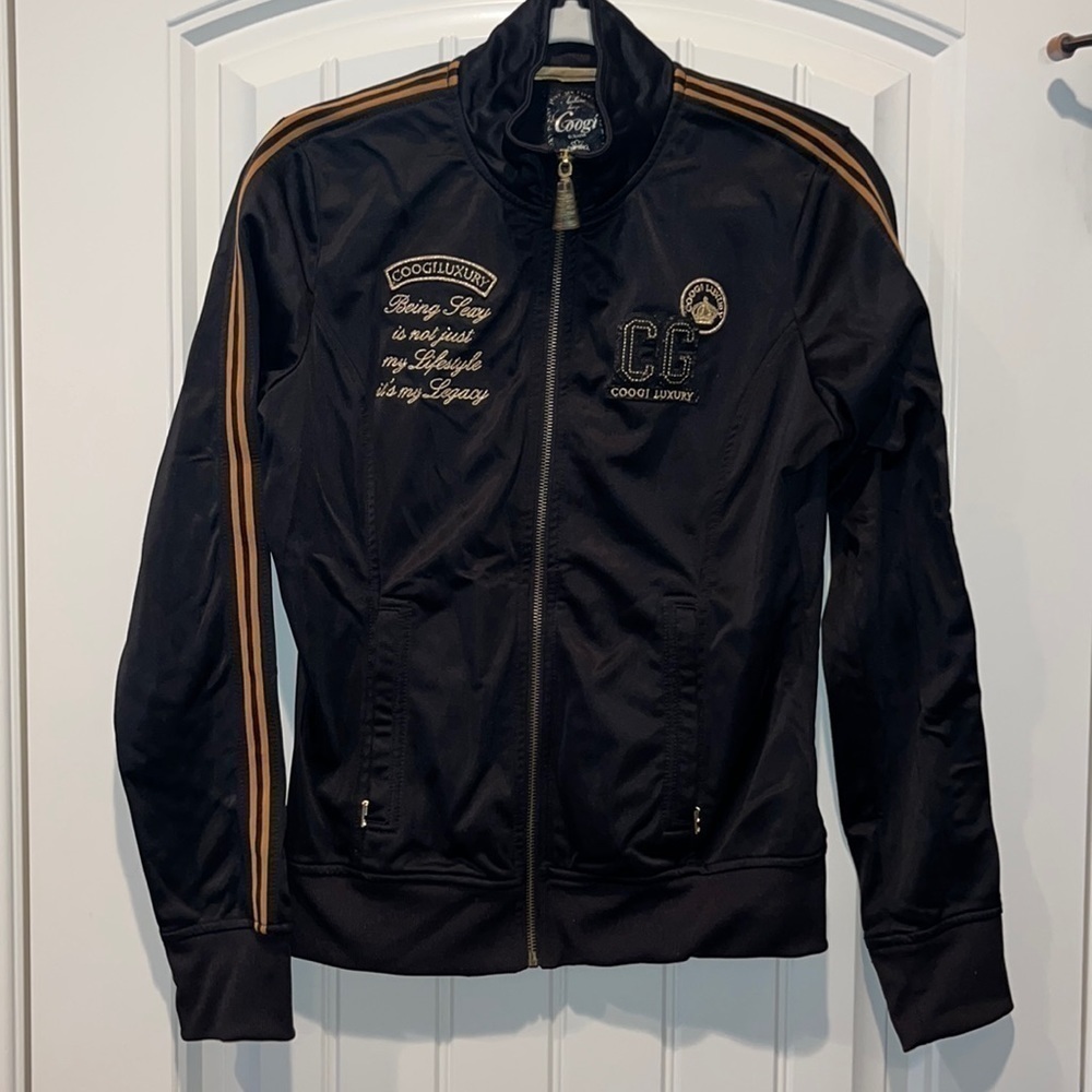 Coogi black zip embroidered track jacket hip hop street Y2K Large